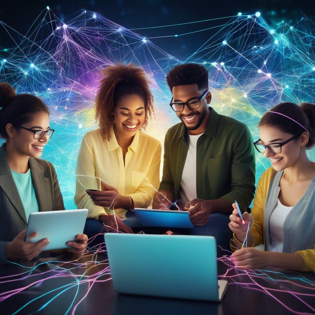 A vibrant and dynamic digital landscape showcasing diverse people communicating through various modern IT devices like laptops, smartphones, and tablets. Include symbols of connectivity, such as glowing network lines and data clouds, intertwined with joyful expressions on their faces. The background should have a blend of bright colors to evoke a sense of joy and innovation. super-realistic. vibrant colors. technology-themed.