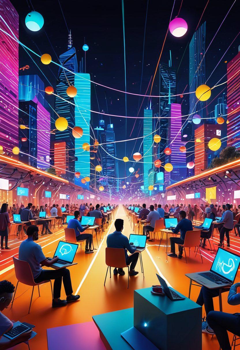 A vibrant digital landscape featuring interconnected nodes symbolizing connectivity, with cheerful characters communicating through various devices such as smartphones and laptops. Include bright colors and elements representing success, like upward arrows and glowing lightbulbs. Surround the scene with abstract shapes to signify innovation. super-realistic. vibrant colors. 3D.